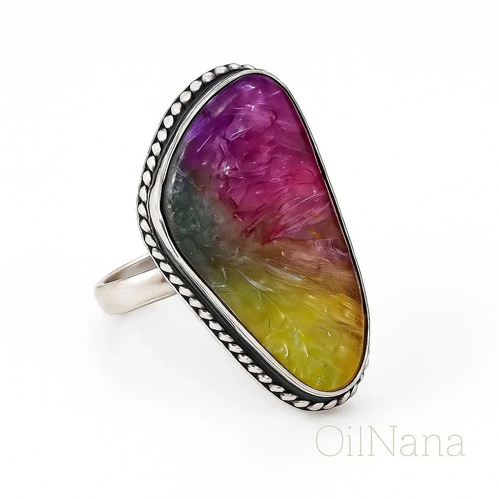 Rainbow Solar Quartz Adjustable Sterling Silver Overlay Ring‎ 4.5–7.5